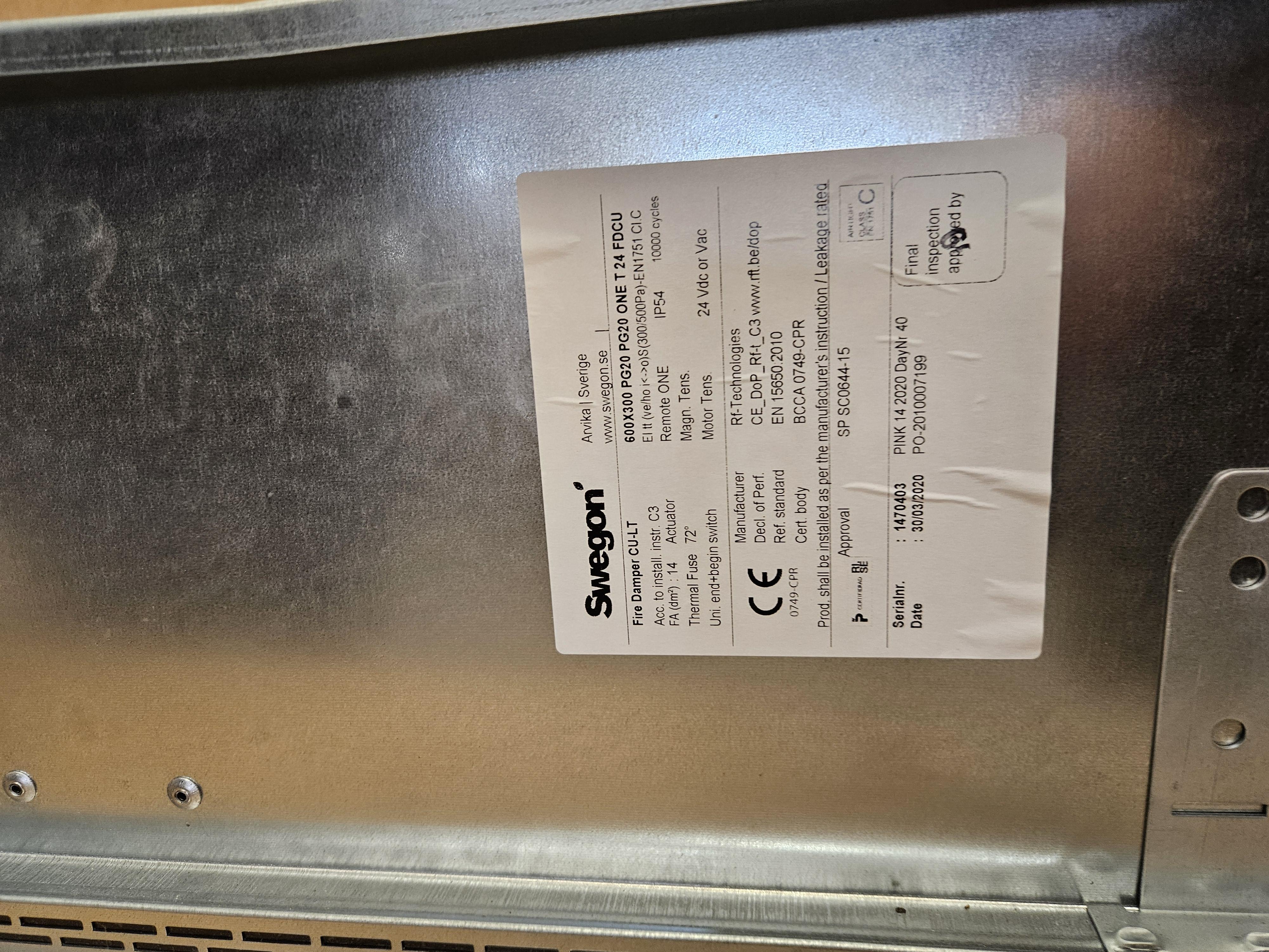 Brandgasspjäll Swegon CU-LT 600 300 PG20