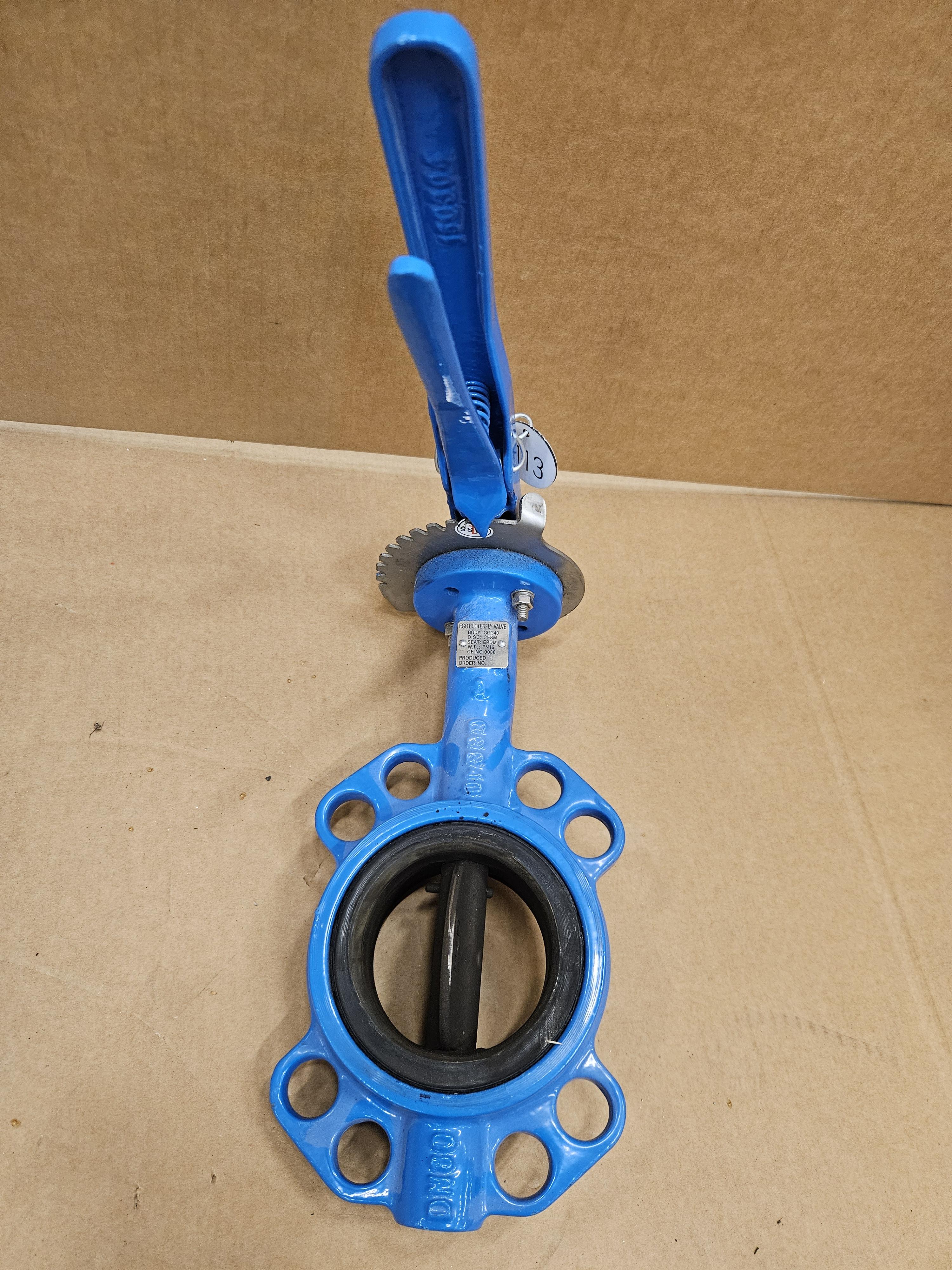 Blå fjärilsventil med handtag, ca 300mm